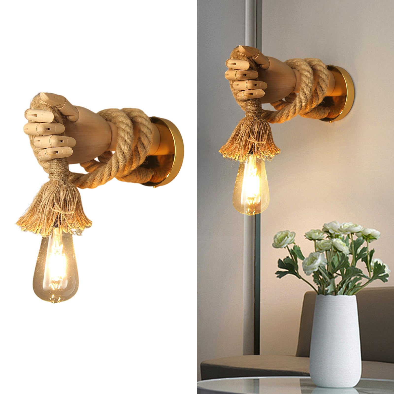 CRFASIBE Wooden Hand Shape Wall Light, E27 Rustic Rope Lighting Fixtures, Unique Art Decor Wall Lamp for Bedroom, Restaurant, Living Room, Hallway (Right Hand)