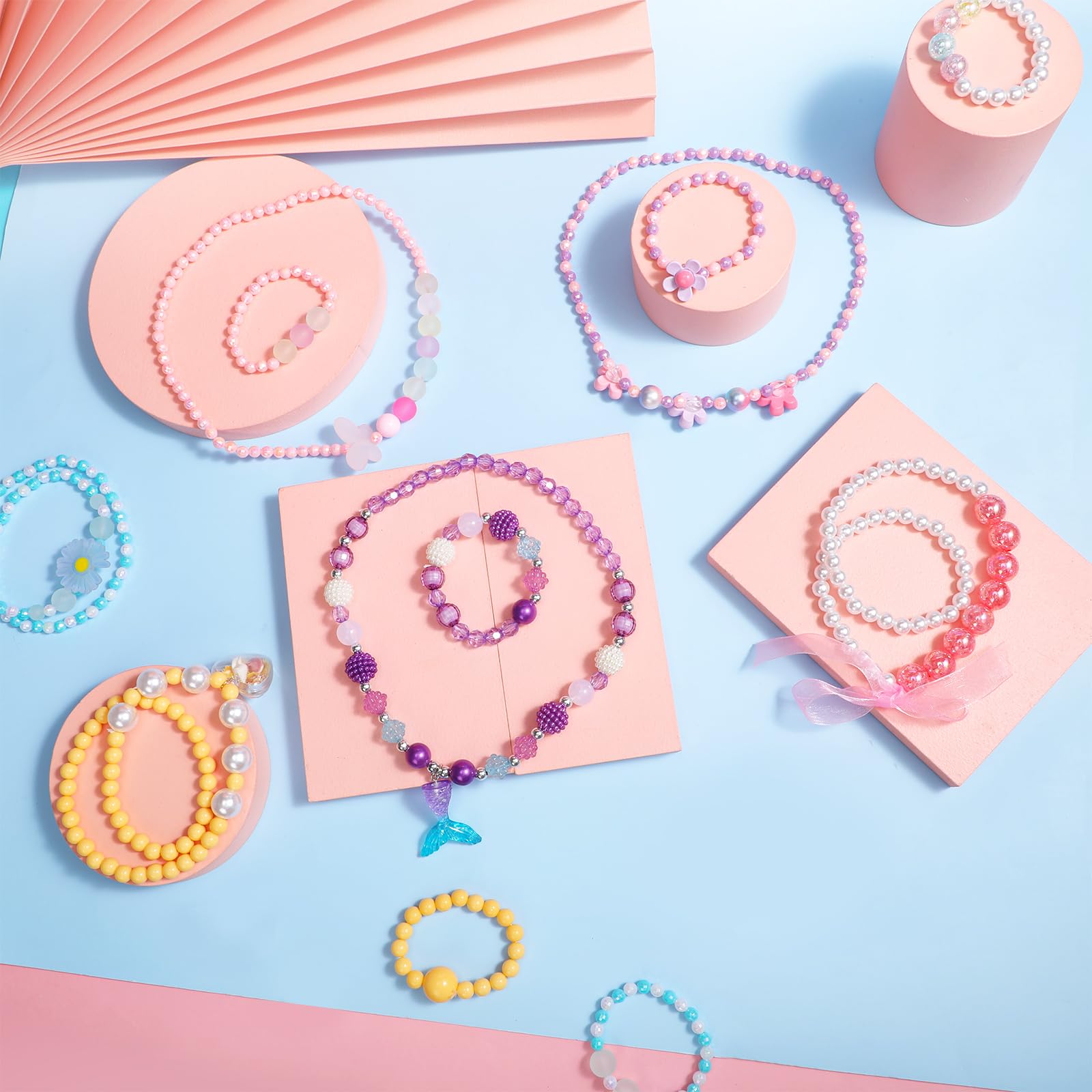 Sumind Sumind 6 Sets Toddler Jewelry for Little Girls Baby Beaded Necklace and Bracelet Costume Dress up Jewelry Gifts Princess Party Favors(Flower Style)