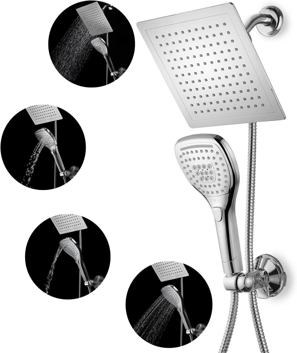 DSIKER3-Way Spiral Rainfall Shower-Head/Handheld Shower Combo. Convenient Push-Control Flow Control Button for easy one-handed operation ,Double Interlocked Stainless Steel Hose and Water Diverter