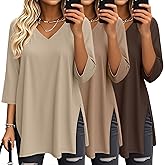 Velvelhall 3 Pack Women's 3/4 Sleeve Oversized T-Shirts V Neck Comfy Casual Tunic Tops Knit Side Basic Split Loose Fit Tees