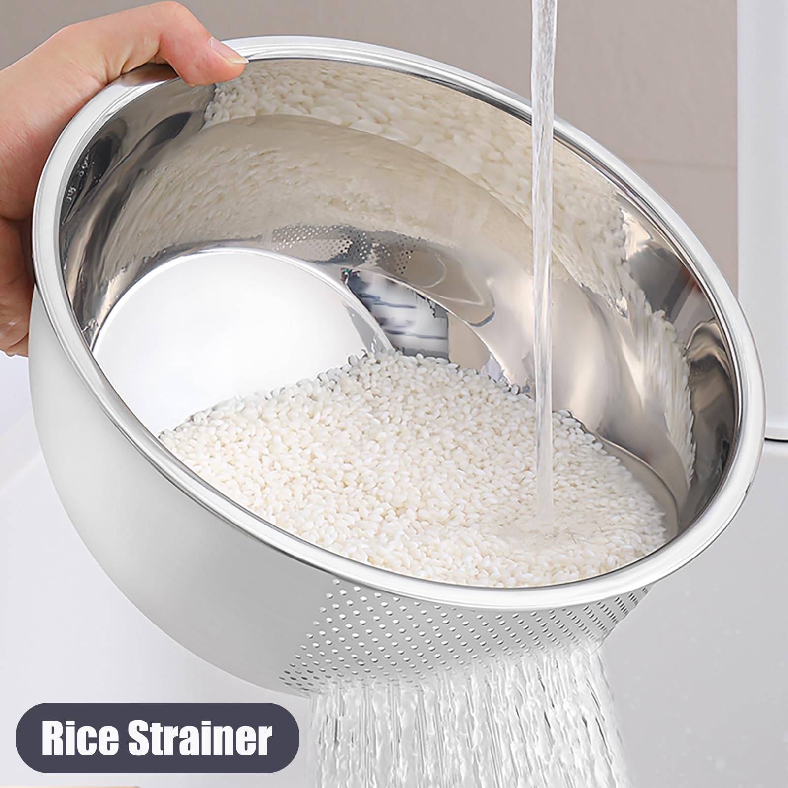 Rice Washer Strainer Bowl, Stainless Steel Quinoa Washing Bowl With Side Drainers Colander for Cleaning Rinsing Fruits, Vegetables, and Beans - Versatile Kitchen Tool