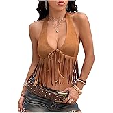 OYOANGLE Women's Boho Suede Fringe Top Sleeveless Tie Front Western Cowgirl Halter Crop Tops