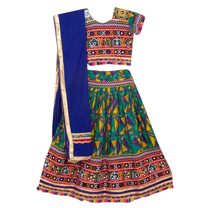 Banjara By Hopscotch Girls Cotton Kutchi Embroidered Chaniya Choli With Dupatta in Green Color