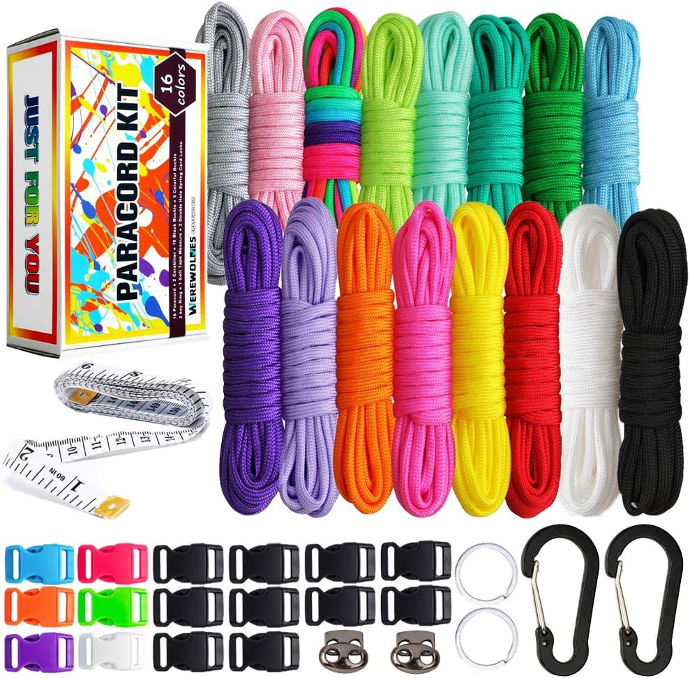 WEREWOLVES 550 Paracord - Survival Paracord Bracelet Crafting Kits Crafting Kits - Parachute Cord with Soft Tape Measure, Buckles, Carabiner, and Key Rings -Multicolor Rope Gift Box : Sports & Outdoors