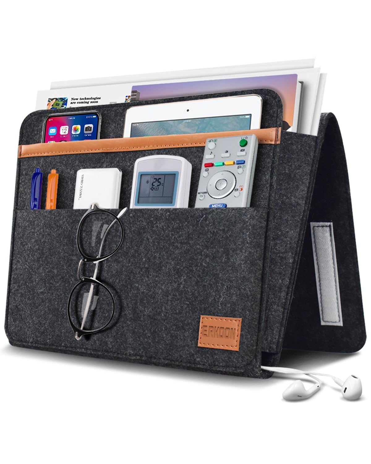 ERKOON Bedside Storage Pocket, Felt Bed Sofa Bedside Hanging Bag Anti-Slip Magazine Holder Home Bed Rails,for Books, Tablet, TV Remote Control, Phone, Accessories (Dark Grey)