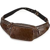 Genuine Leather Slim Waist Pack for Man & Woman, Vintage Design & 4 Zipper Pockets & Adjustable Strap, Large Capacity Fanny Pack Crossbody Belt Bag for Travel or Ride, Dark Coffee