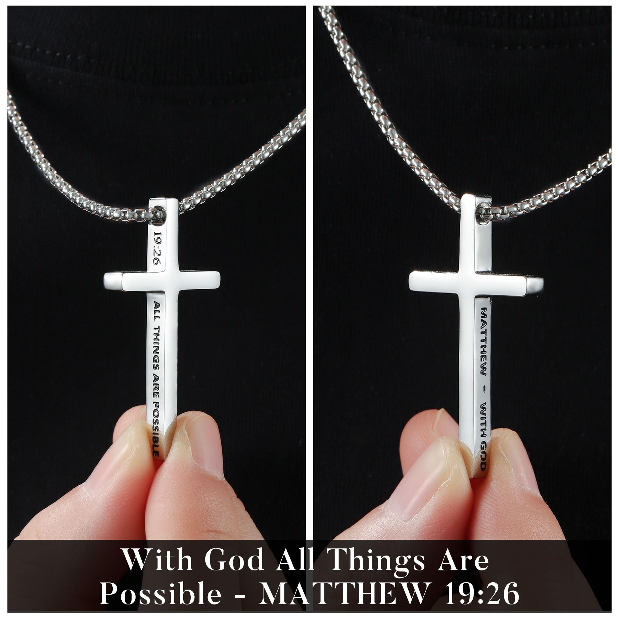 Ursteel 2 Pcs Black Silver Cross Necklace for Men - Inspirational Bible Verse Cross Chain for Men Stainless Steel Cross Pendant Necklace for Men Teen Boys Religious Christian Gifts, 18-24 Inches