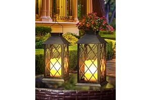 Otdair Solar Lanterns Outdoor Waterproof, 2 Pack 14" Solar Lantern with Glass Retro LED Flickering Flameless Candle,Lanterns Decorative Outdoor for Gift, Yard, Garden, Patio, Balcony,Porch, Party