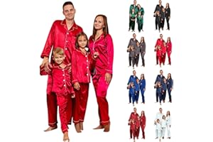 QianmianT Christms Pajamas for Family Silk Satin Pajamas Button Down Shirt Pants Satin Xmas Pjs Matching Sets Sleepwear