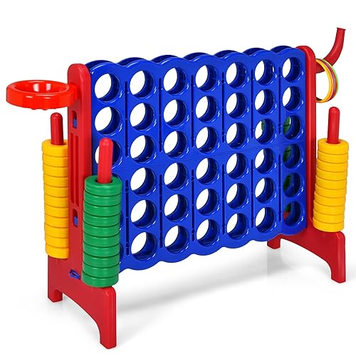 GYMAX Giant 4 in a Row Game, Jumbo 4 to Score Garden Games with 42 Rings, Ring Game & Quick-Release Slider, Outdoor Four in a Row Toys for Kids Adults Family (Red)