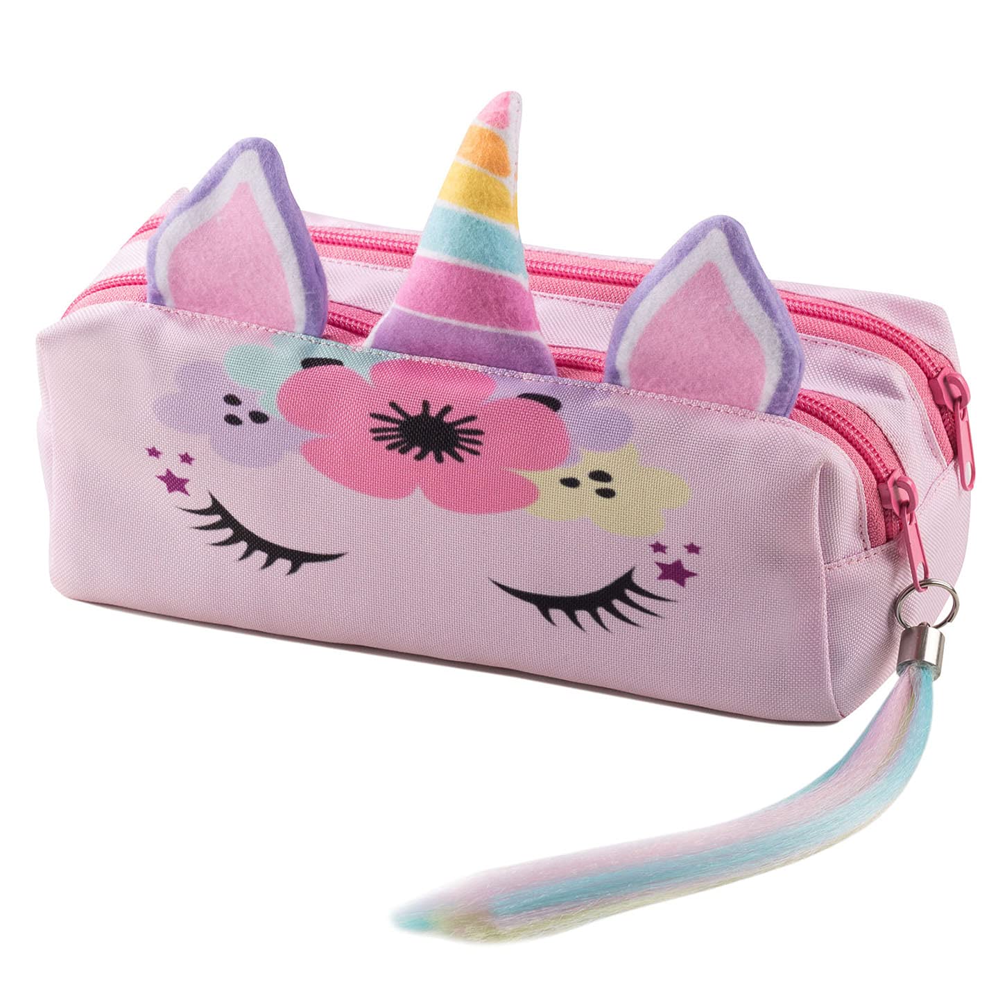 Unicorn Pencil case with 2 Compartments Toiletry-Bag Vanity Case Make up Purse Phone Handbag Pencil-Bag Holder Child Gift Soft Rainbow Hair Pink [107]