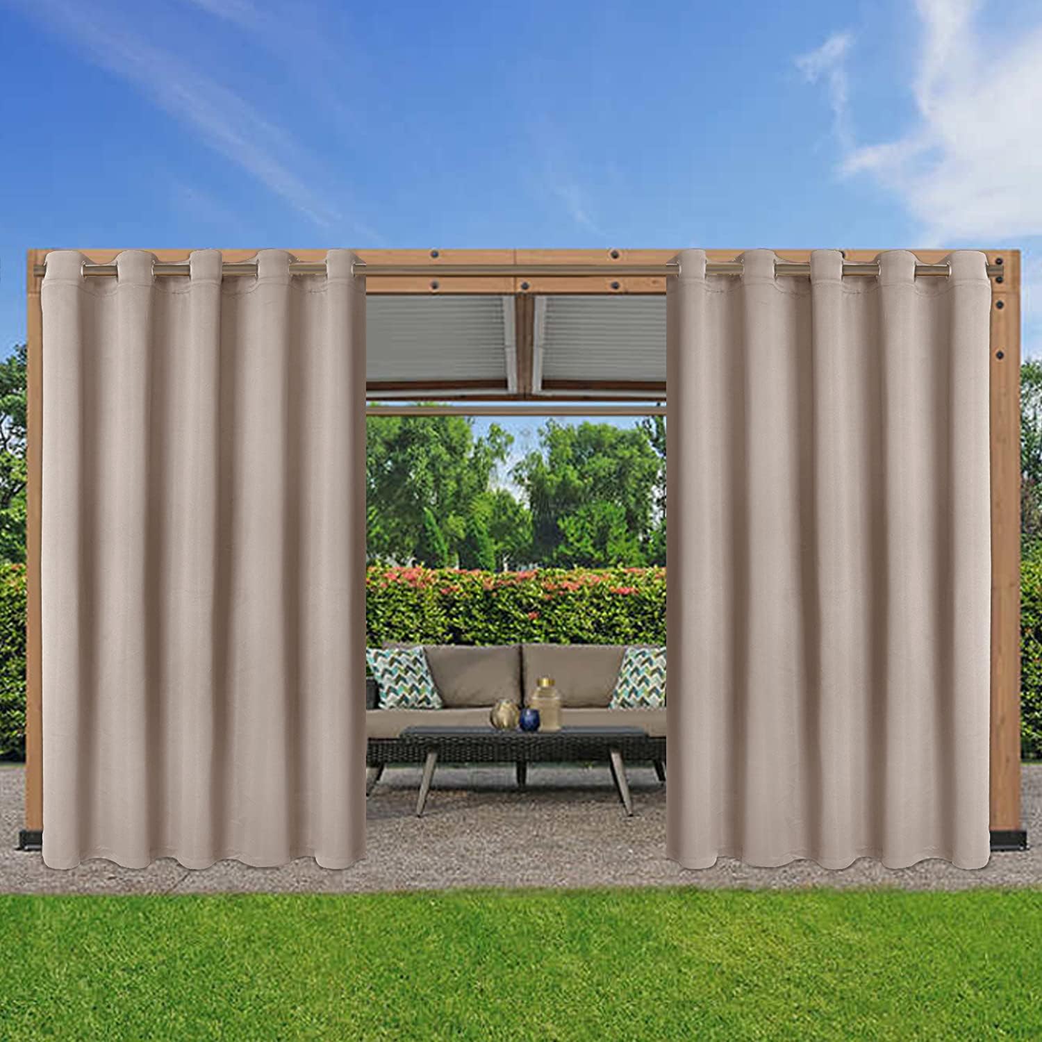Outdoor Curtains - LORDTEX Waterproof Indoor/Outdoor Curtains for Patio - Thermal Insulated, Sun Blocking Blackout Curtains for Bedroom, Porch, Living Room, Pergola, Cabana, 70 x 120 inch, Khaki, Set of 2 Panels