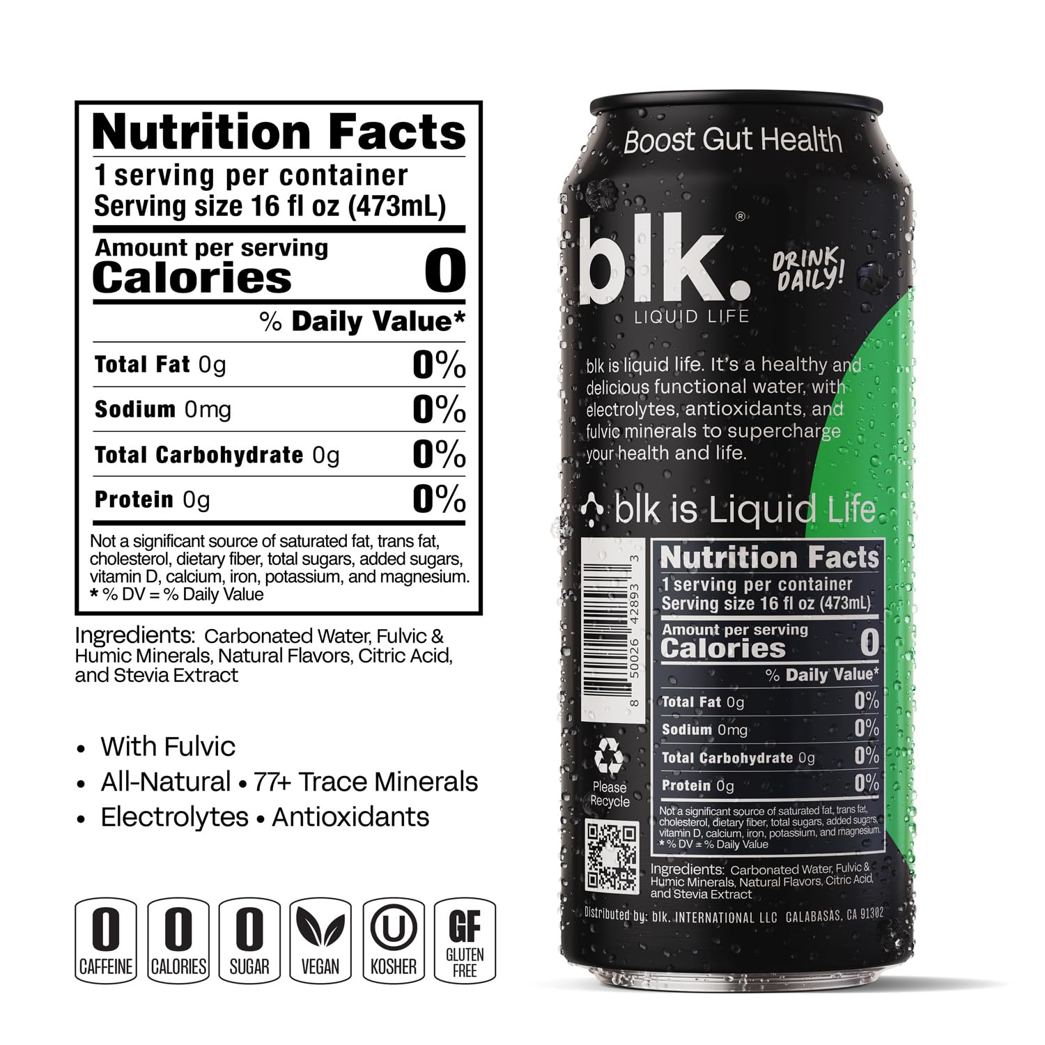 blk. Natural Alkaline Mineral Sparkling Water Electrolyte Infused with Fulvic and Amino Acids, Zero Sugar, Zero Calories Drink, Calabasas Apple Flavored, 16 oz, 12 pack