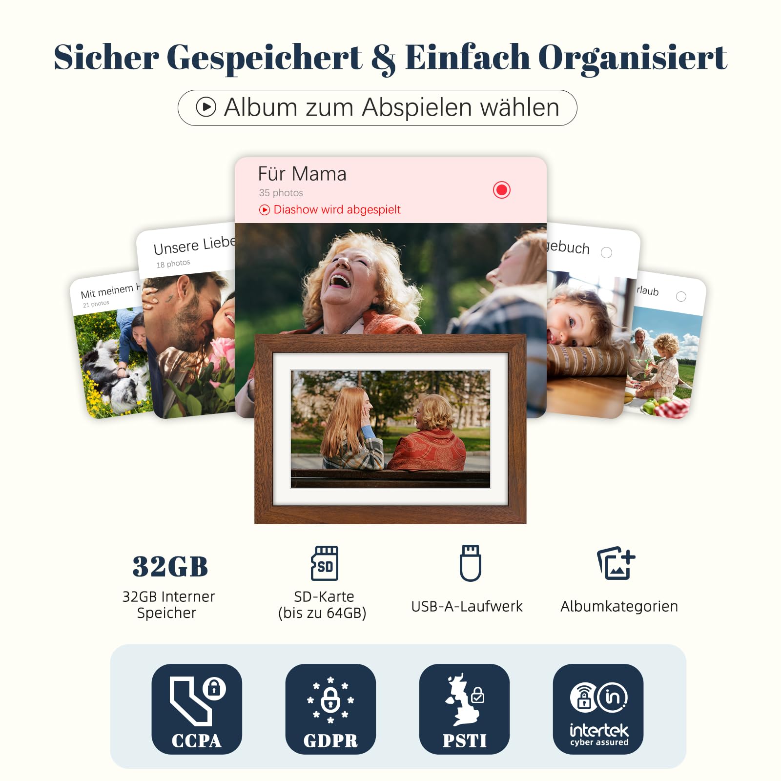 Frameo Digitaler Bilderrahmen WLAN 10.1 Zoll Walnussholz Elektronischer Bilderrahmen mit 32GB, 1280 * 800 HD IPS Touchscreen, Fotos/Videos Teilen über Frameo APP, Geschenk für Männer und Frauen 6