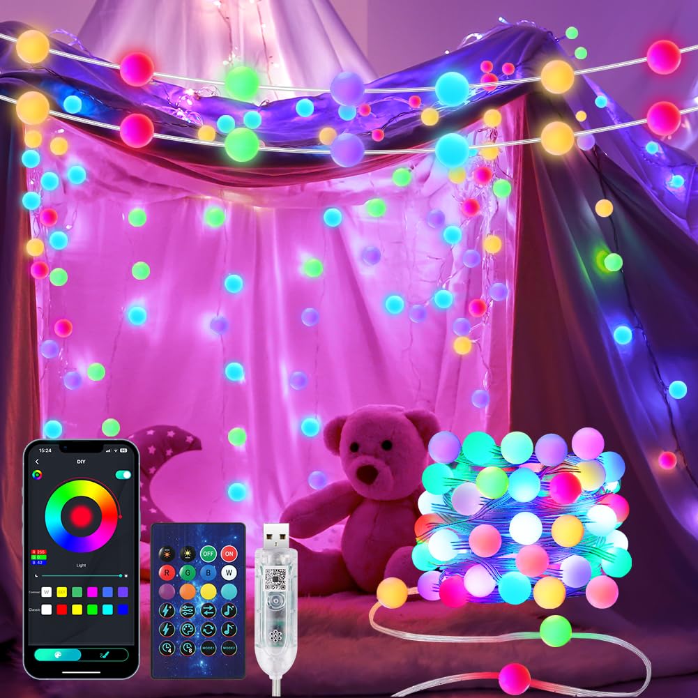 AUAUY Smart Globe String Lights, 5 Meters 33 LED RGB Built-in-chip Color Changing Fairy Lights USB Powered, with APP Remote Music Sync, Smart Fairy Lights for Bedroom Halloween Christmas Party Decor