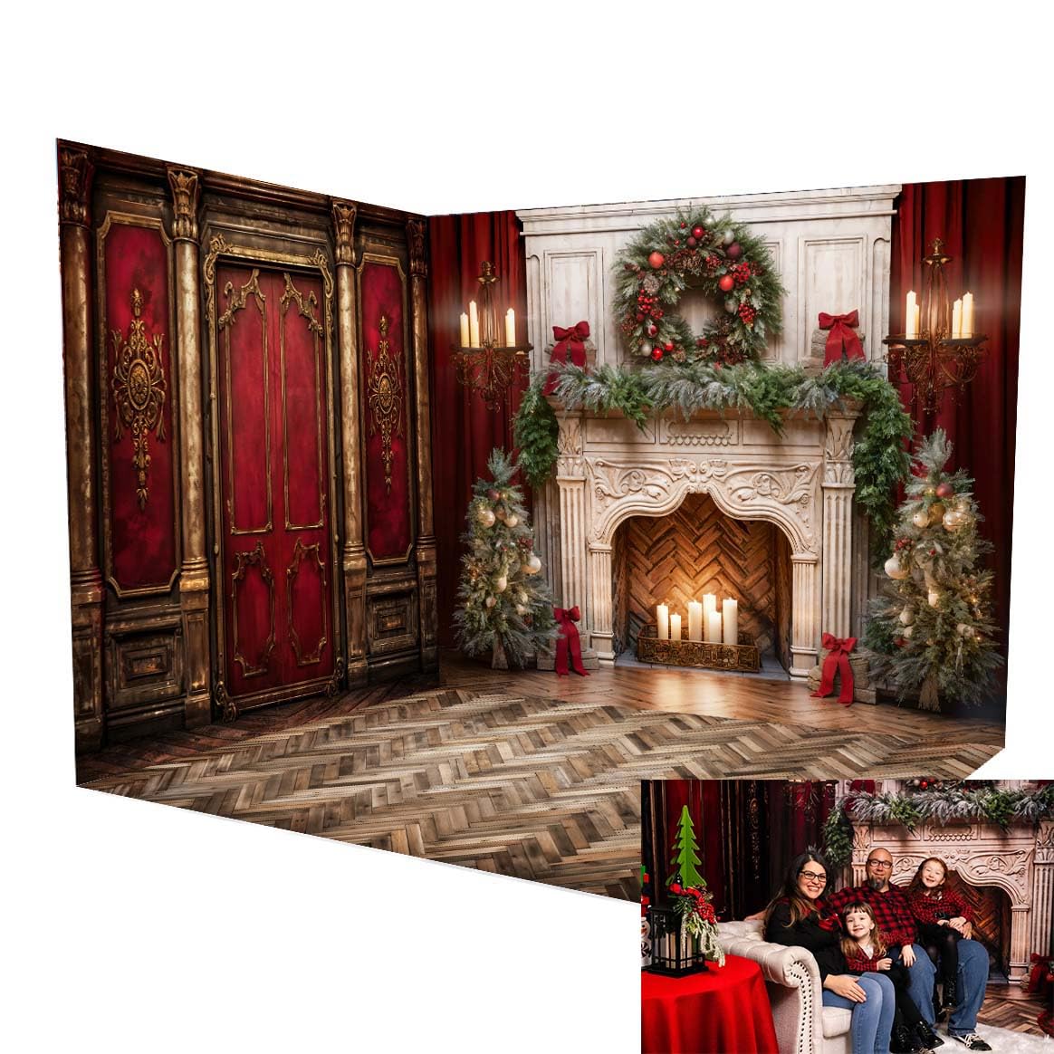 Photo 1 of Kate Christmas Backdrop Retro Red Classic Wall Backdrops Party Home Decoration Wood Texture Floor Backdrops Christmas Room Set Professional Photo Props(8x8ft&10x8ft&10x8ft)