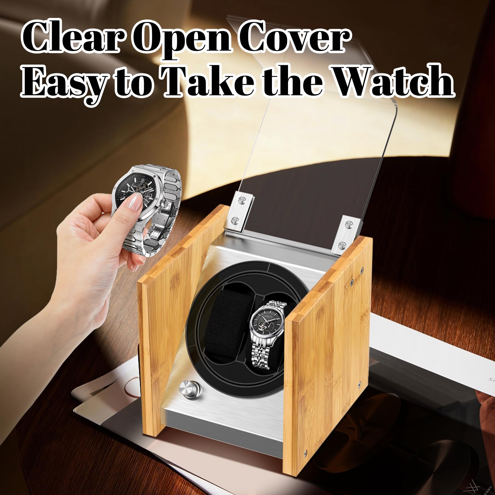 Watch Winder Smith Real Bamboo Double Watch Winders for Automatic Watches, Precision Engineered Quiet 4 Modes Rotation and Dual Power Flexibility​ AC/DC