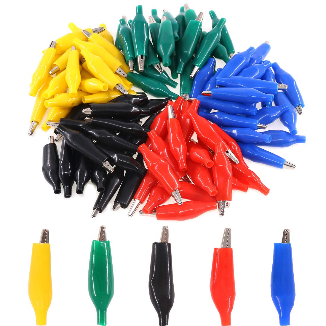 Glarks 100Pcs 1.8''/45mm Silver Tone Alligator Clips Crocodile Electrical Test Clamps with Black/Red/Yellow/Blue/Green Protective Insulation Cover for Laboratory Testing