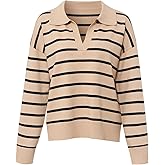 Women's Polo Knit Top Striped Neckline Lightweight Long Sleeves V-Neck Pullover Autumn Knit Top