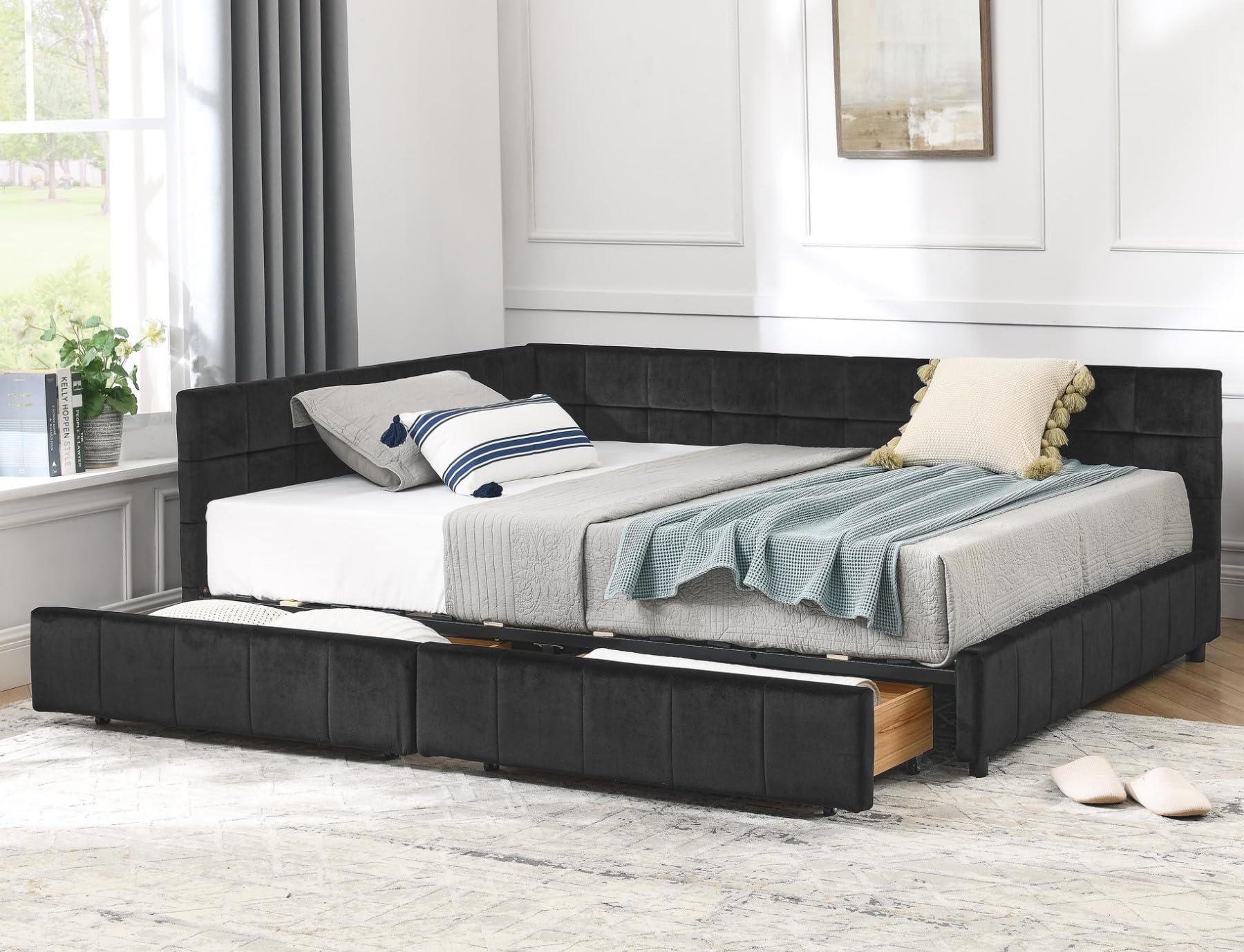 Photo 1 of ***PARTS ONLY***
KEIKI Full Size L Shape Corner Bed Frames with 2 Storage Drawer, Backrest and Armrests, Velvet Upholstered Sofa Daybed for Small Room, Living Room, Bedroom, Guest Room, Kids' Room
