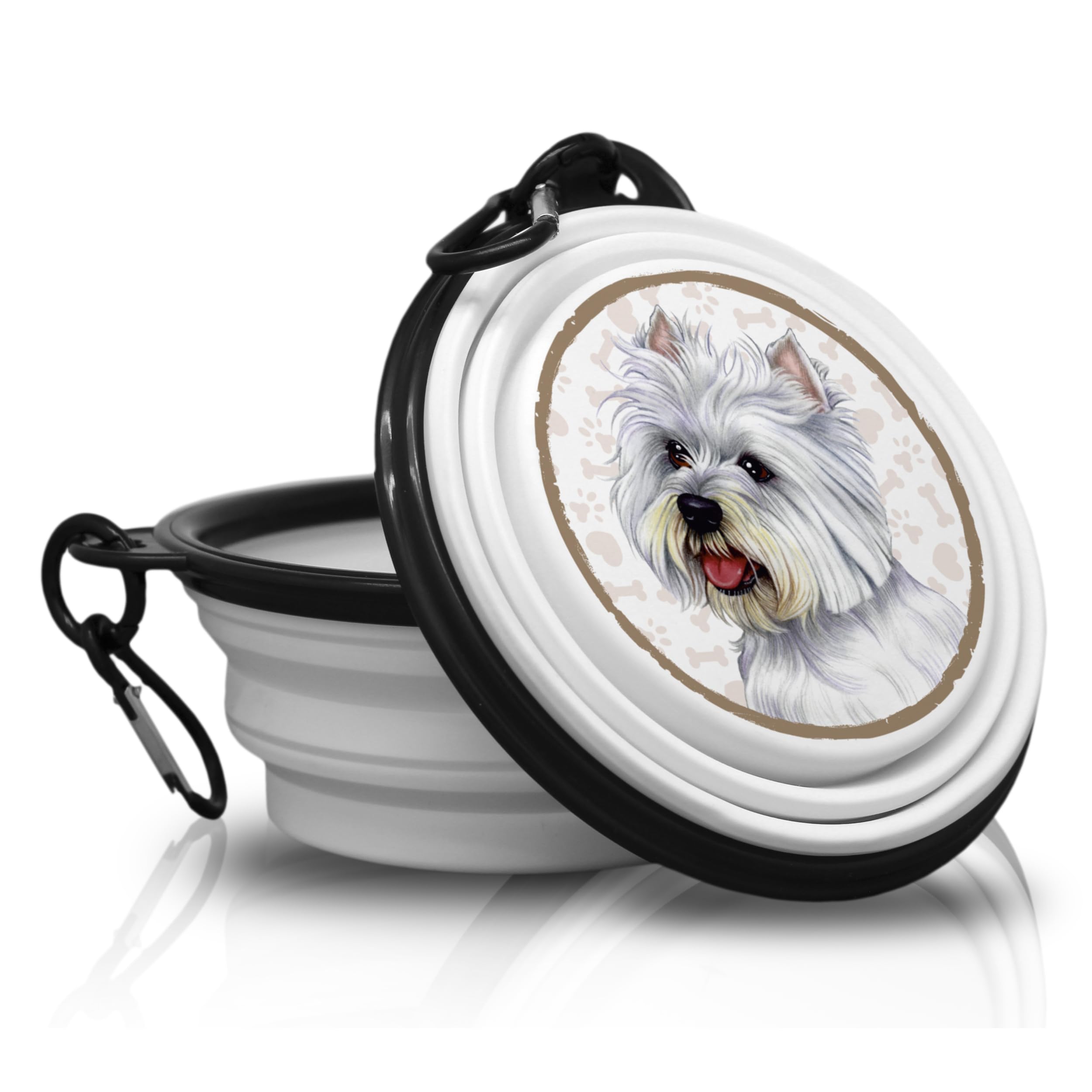 Westie West Highland White Terrier Folding Portable Drinking Bowl with Carabiner for On the Go Feeding Bowl Pet Bowl Handy and Unique