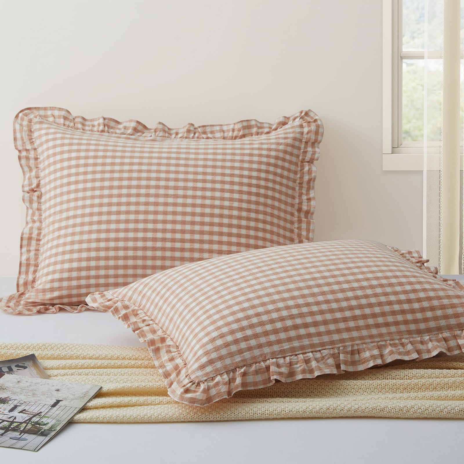 KKJIAF 2 Pcs Plaid Ruffle Pillow Case King Size, Cotton Gingham Ruffled Euro Sham Pillow Covers 20x36 Inch, Linen Feel Plaid Bed Pillow Shams with Envelope Closure for Sofa Bed (Light Pink Plaid)