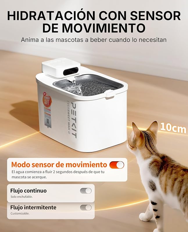 EVERSWEET MAX 2 Fonte Sem Fios para Gatos, Resistente ao Calor, com Sensor de Movimento, Bateria Recarregável de 5000mAh, Controlo por Aplicação, Bebedor Automático para Gato de 3L, Aço Inoxidável
