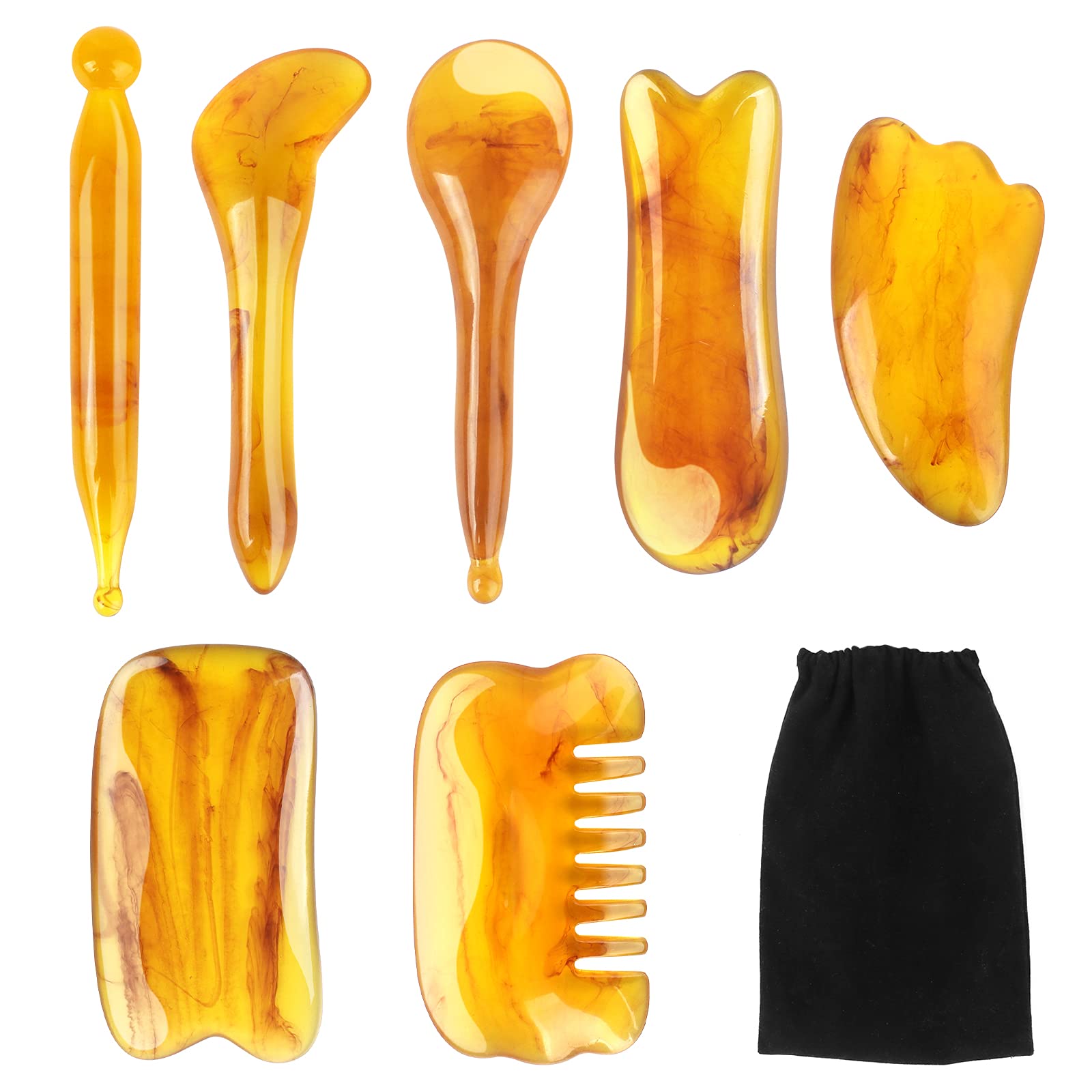7-Piece Gua Sha Massage Tool Set - Natural Resin Scrapers for Face & Body - Unblock Meridians, Eliminate Fatigue