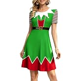 VVNTY Christmas Dress for Women: Holiday Party Dress Ugly Christmas Dresses Xmas Print Short Sleeve Shirts