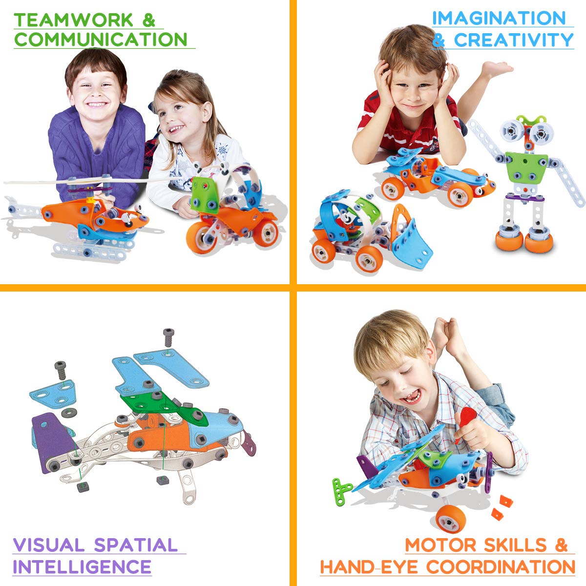 STEM Toys, 189 pcs 6-in-1 Build and Play Toy Set Educational Construction Engineering Building Blocks Learning Kit for Boys and Girls