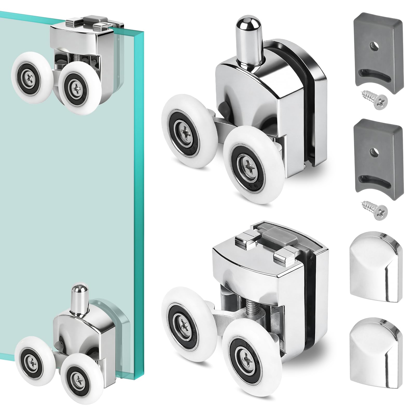 4 Pcs 23mm Shower Door Rollers Wheels Replacement Shower Door Runners Screen Rollers for Curved Sliding Shower Doors Enclosures, Fits 4-6mm Glass, Anti-Collision Block(2 Top + 2 Buttom Wheels)