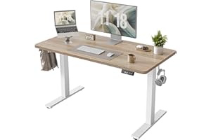 TIQLAB Height Adjustable Electric Standing Desk, 47.2 x 23.6 inch, Sit Stand Up Desk, Splice Board, Computer Home Office Desk, White Frame/Maple Top