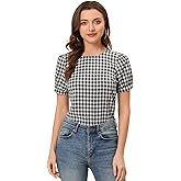 Allegra K Puff Sleeve Gingham Top for Women's Crew Neck Cute Peasant Fitted Checkered Plaid Shirt