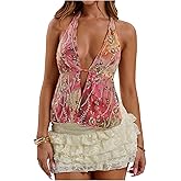 OYOANGLE Women's Printed Sequin Sparkly Sleeveless Halter Top Tie Backless Fitted Split Boho Tops