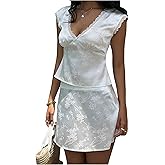 MakeMeChic Women's 2 Piece Summer Outfits Satin Floral Lace Backless Crop Tank Top and Mini Skirts Sets
