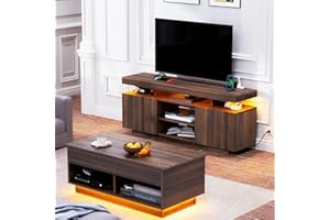 HOMMPA LED Lift Top Coffee Table and TV Stand Set of 2,Modern LED Entertainment Center with Power Outlets for up to 65" TV, Coffee Table with Hidden Compartment & 2 Open Shelve Walnut