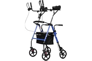 ELENKER Upright Walker, Stand Up Rollator Walker with Padded Seat and Backrest, Lightweight, Compact Folding, Fully Adjustment Frame for Seniors, Blue