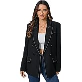 Women's Oversized Double-Breasted Suit Blazer Jacket Top Stitch Long Sleeve Casual Work Office Blazer with Pockets