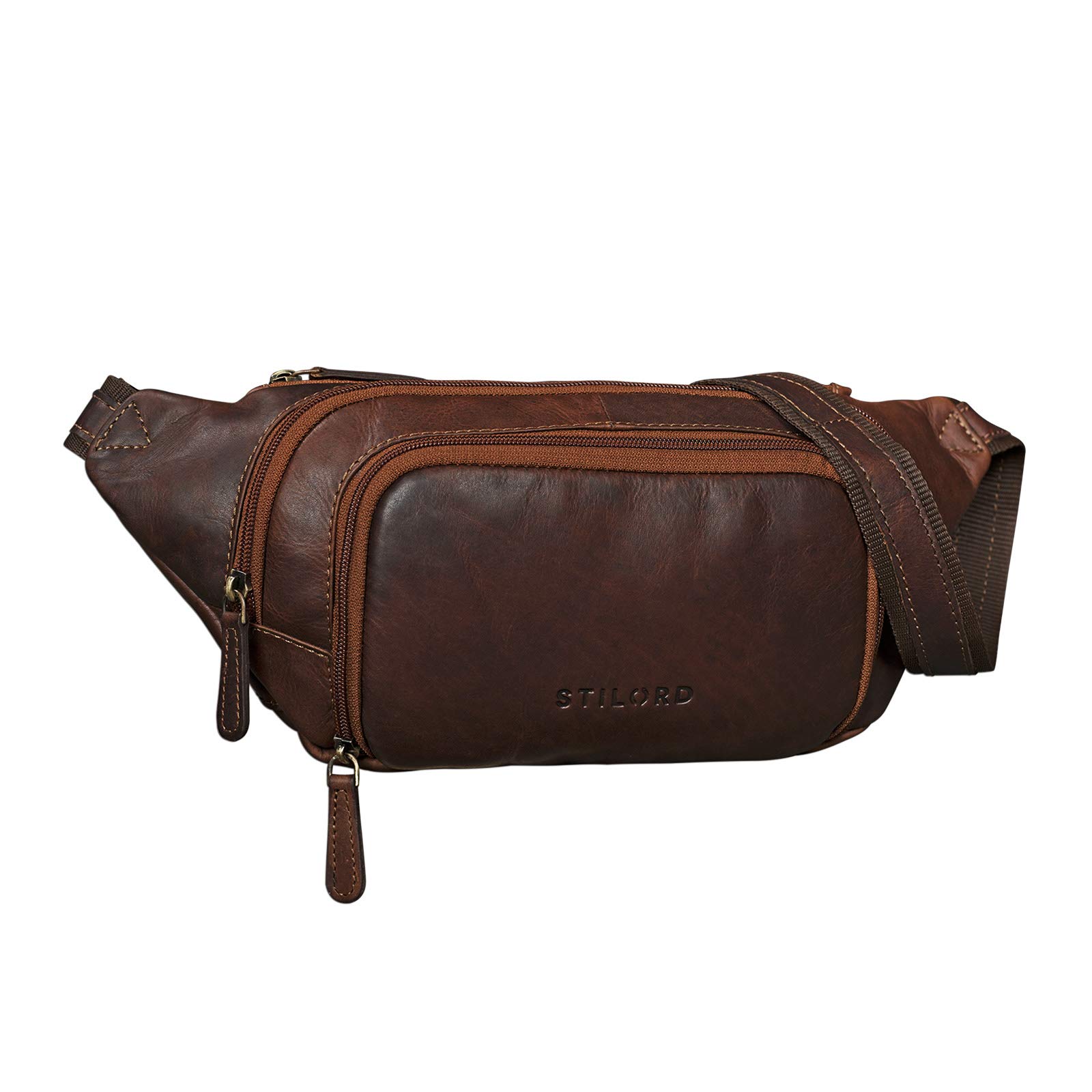 STILORD 'Luke' Bumbag Leather Vintage Unisex Waist Bag Belt Bag for Women Men Journey Festival Smartphone Pouch Bag in Genuine Buffalo Leather, Colour:Cognac Dark Brown