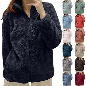 Fleece Pullover Women Long Sleeve Full Zip Up Warm Jacket Coats Warm Fall Winter Solid Causal Zipper Outerwear With Pockets