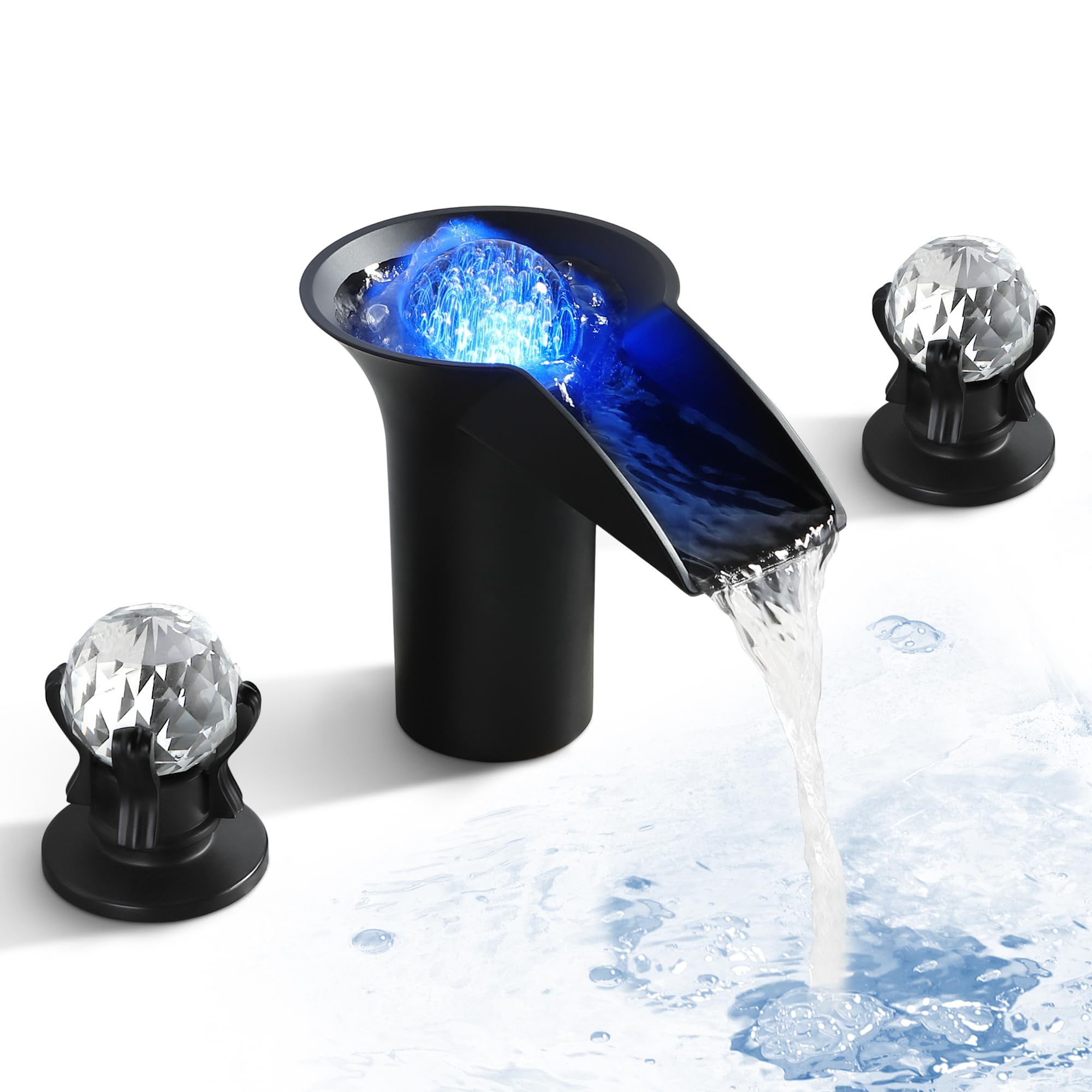 Photo 1 of SKOWLL Waterfall Bathroom Faucet, Widespread Bathroom Faucets Waterfall 3 Hole with LED, Matte Black Sink Faucet 2 Crystal Handle Deck Mount 8-Inch Vanity Faucet
