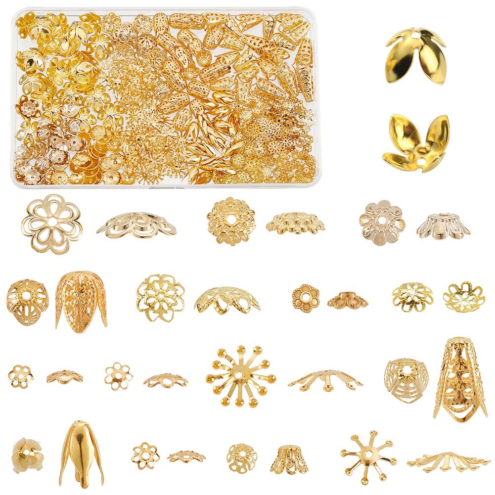 SUNNYCLUE 1 Box 480Pcs 16 Styles Antique Gold Bead Caps Hollow Flower Beads Cap Filigree Vintage Tibetan Spacer Metal Beads Caps for Jewelry Making Bracelet Necklace Earrings Findings Arts Supplies