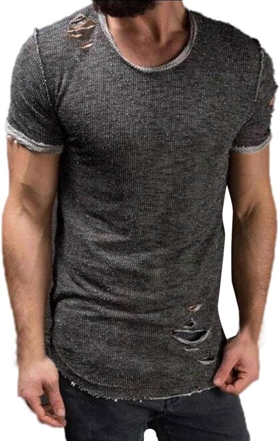 Hmeng Men Top Men's Fashion Ripped Solid Color Cotton Loose Fit Crew Neck T Shirts Casual Summer 