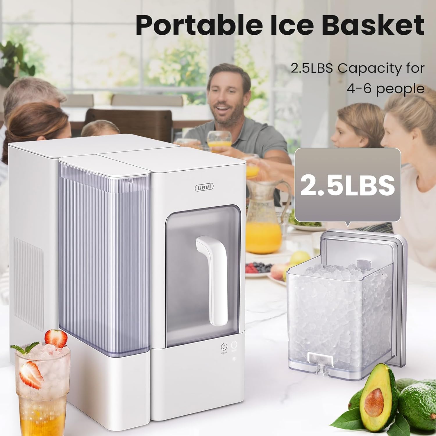 Gevi Adella Gemi Nugget Ice Maker Countertop, Chewable Pellet Ice Machine with Portable Ice Basket Large Side Tank Self-Cleaning for Home Kitchen Office Party