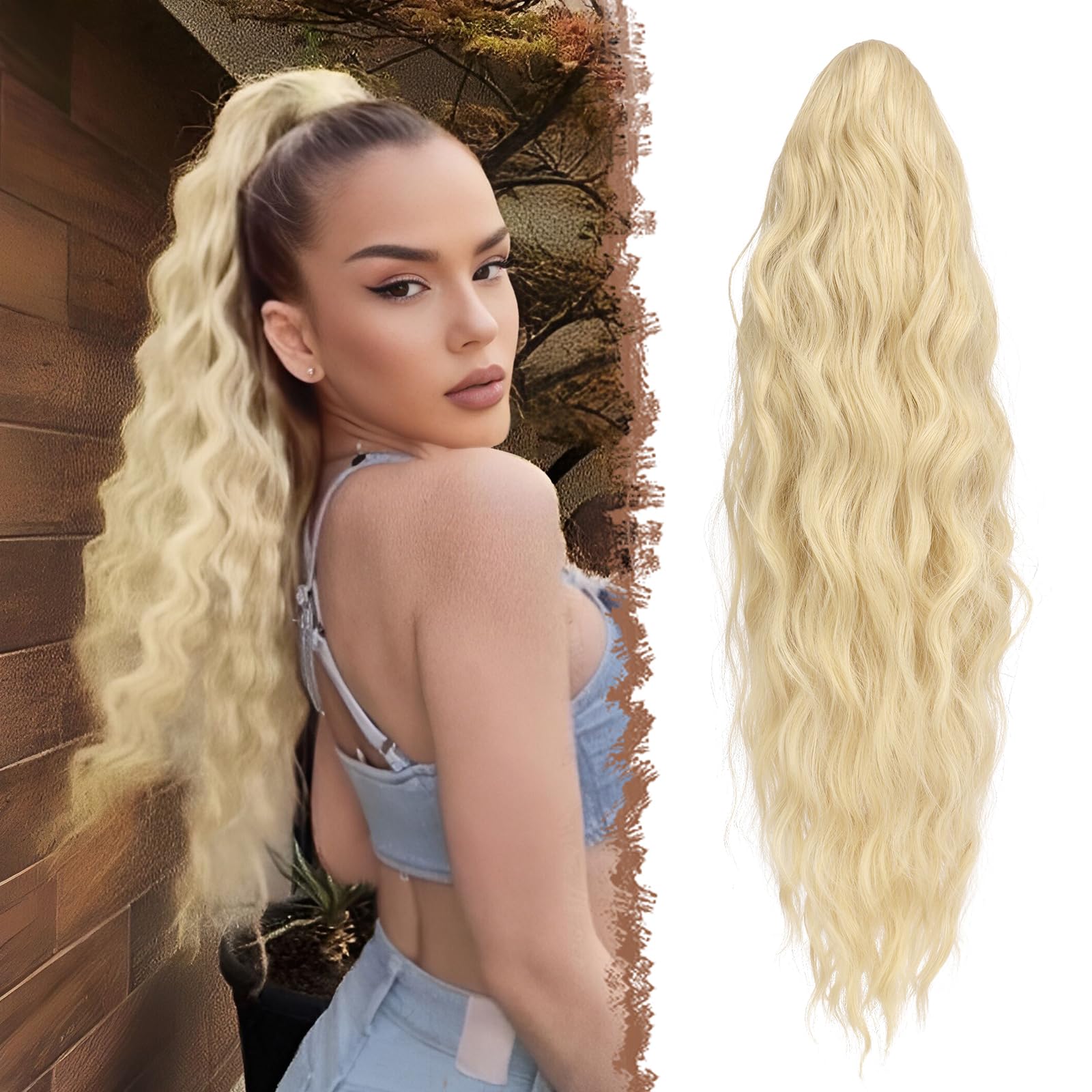 FESHFEN Long Curly Wavy Drawstring Ponytail Extensions Clip in Wavy Synthetic Hairpieces Platinum Blonde Drawstring Ponytail Curly Hair Piece Pony Tail Extension for Women, 26 inch — image 1
