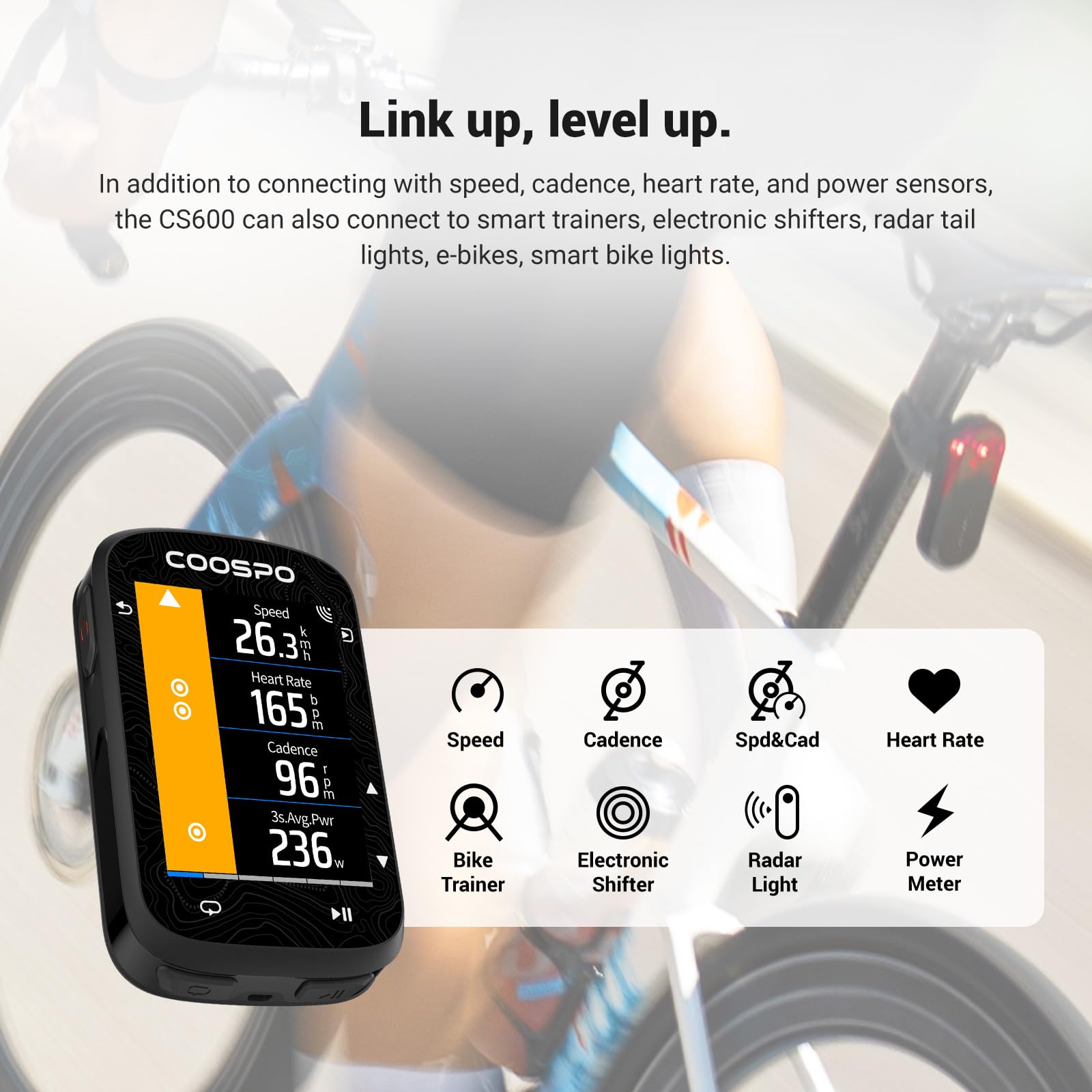 COOSPO Color Touchscreen GPS Bike Computer CS600, Wireless IPX7 Waterproof Cycling GPS Speedometer with Bluetooth/ANT+, Backlight Route Navigation, Support Bike Radar & 36H Battery Life