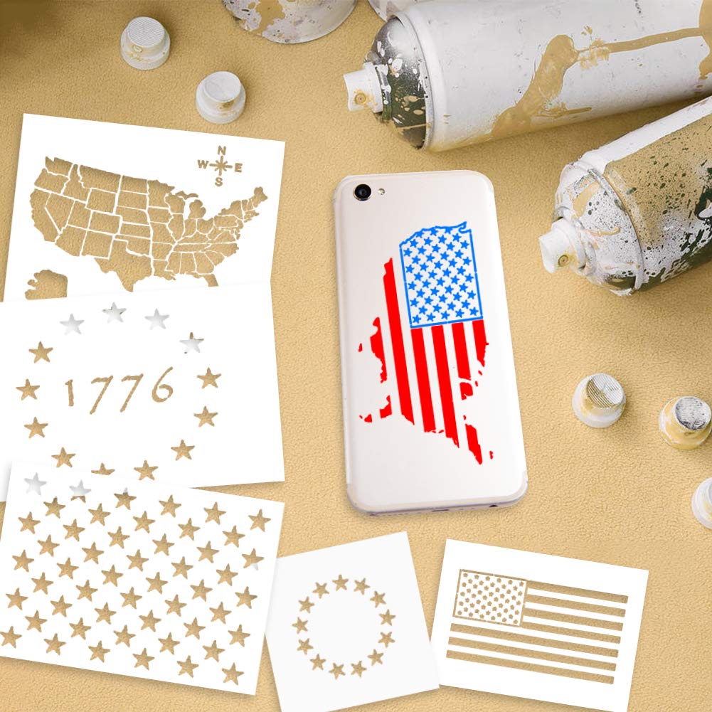 USTOP Plastic Stencil Template, 7PCS Stars U.S 50 Star Maps Flags 13 Star 1776 Stencils for Journal, Planner, Notebook, Wood, Paper, Fabric, Glass, and Wall Art Graffiti Drawing Painting