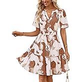 MEROKEETY Women's 2026 Spring Summer Floral Dress V Neck Short Sleeve Button A Line Boho Beach Flowy Vacation Dresses