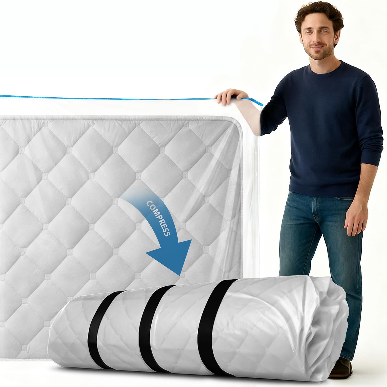 Memory Foam Mattress Vacuum Bag, Heavy-Duty Mattress Storage Bag for Moving and Transport, Mattress Compression Bag with Straps & Dual-Zip Seal (Black Straps, Twin/Twin XL)