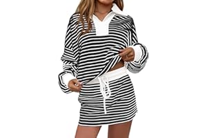 Fisoew Womens Striped 2 Piece Outfits Casual Sweatshirt Skirt Set Long Sleeve Skort Workout Set Matching Lounge Sets